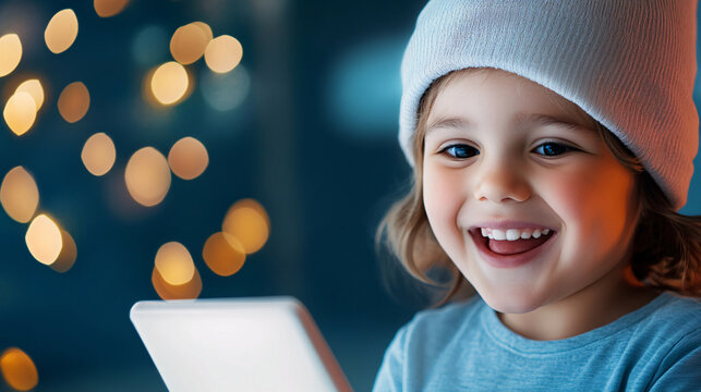 happy child smiling winter hat smartphone joyful expression warm lighting indoor setting bokeh background technology childhood playful cute casual clothing happiness excitement portrait close up