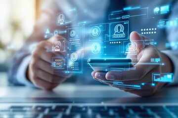 Businessman using smartphone with futuristic digital interface showing user profiles and ratings.