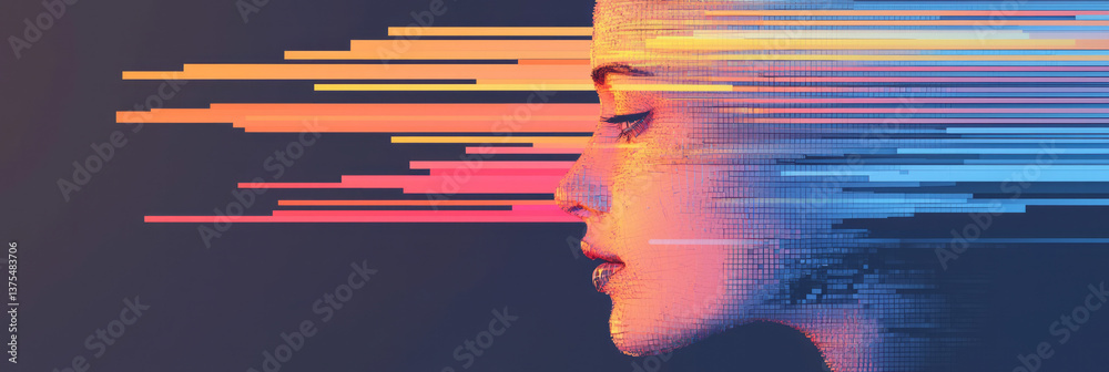 Poster A conceptual 3D artwork of a fragmented statue face in neon and rainbow hues, dissolving through