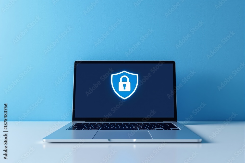 Poster cybersecurity laptop with lock icon on screen.