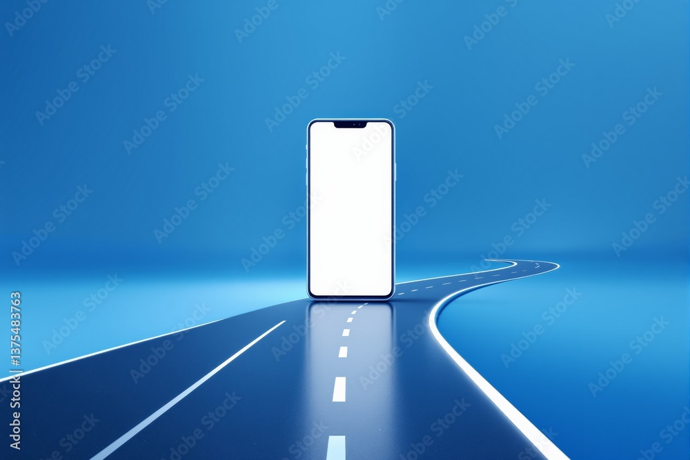 Poster smartphone with blank screen standing on a road that splits into two directions on a blue background