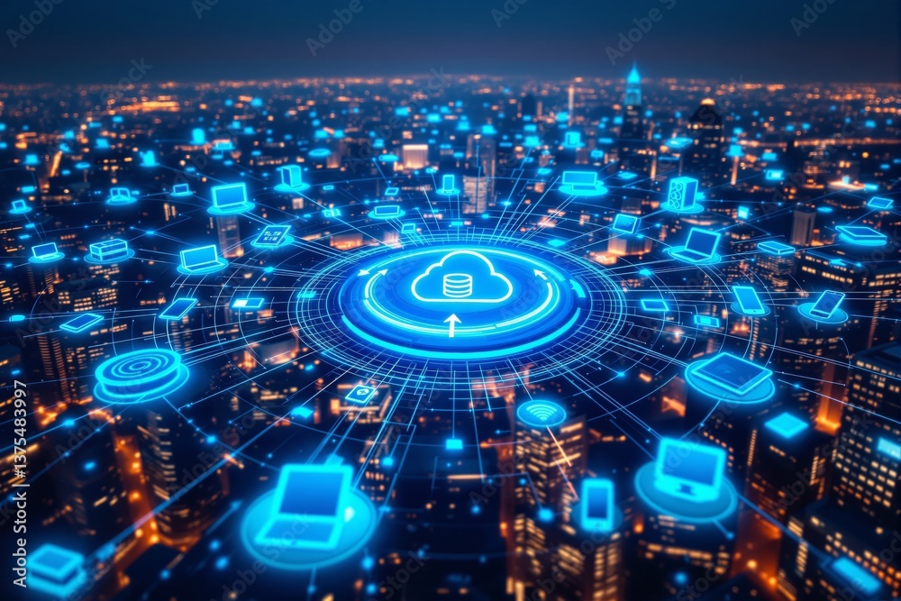 Poster Futuristic cloud computing network concept over illuminated cityscape.