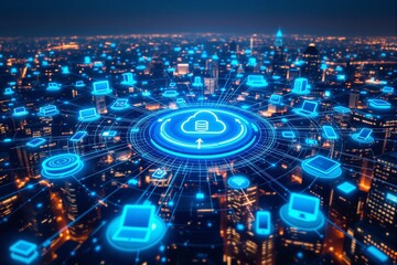 Futuristic cloud computing network concept over illuminated cityscape.