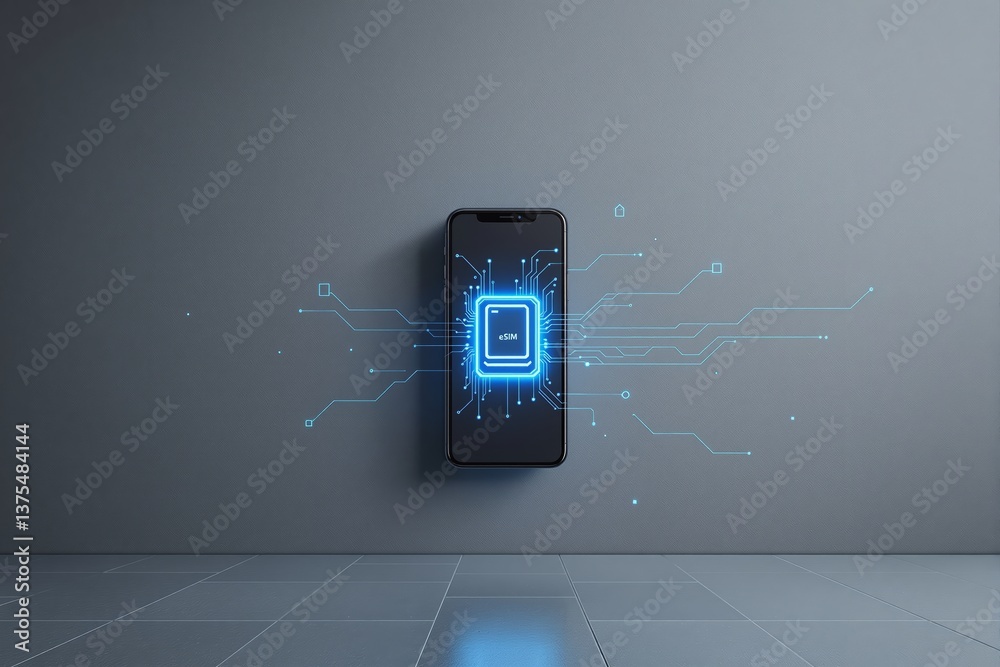 Poster futuristic smartphone with glowing esim chip on display, symbolizing advanced mobile technology.