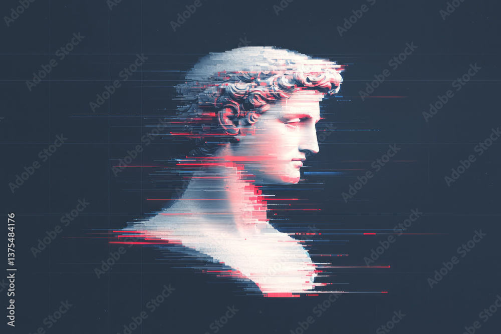 Poster a surreal classical bust reconstructed with digital brushstrokes and chromatic glitch lines over a