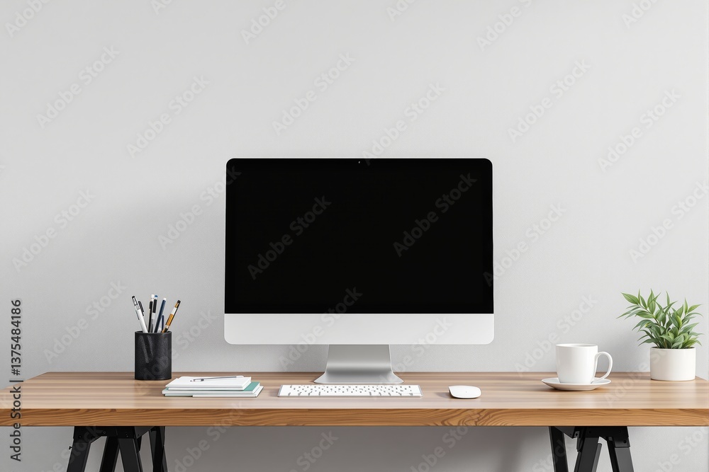 Poster Minimalist workspace with desktop computer on wooden desk.