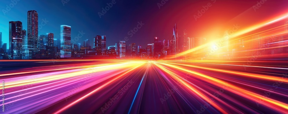 Poster motion blur city with futuristic skyline and digital technology concept. vibrant cityscape capturing