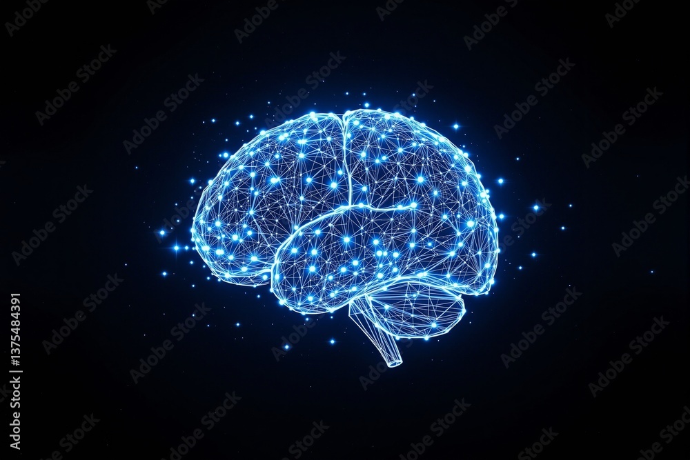 Poster Glowing digital brain made of interconnected nodes and lines.