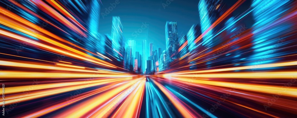 Poster motion blur city with futuristic skyline and digital technology concept. dynamic cityscape with stre