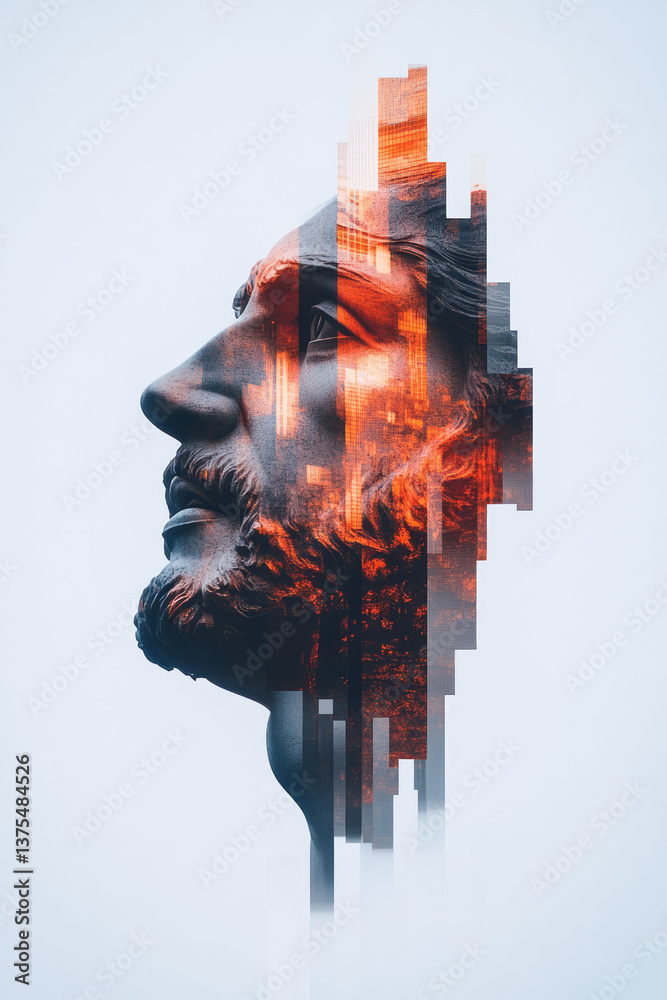 Poster a distorted multicolored statue face flickering in fragmented light, surrounded by floating grid