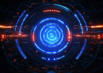 Futuristic Digital Interface with Neon Blue Lights Circular Technology Cyberpunk Aesthetic High-Tech Holographic Elements