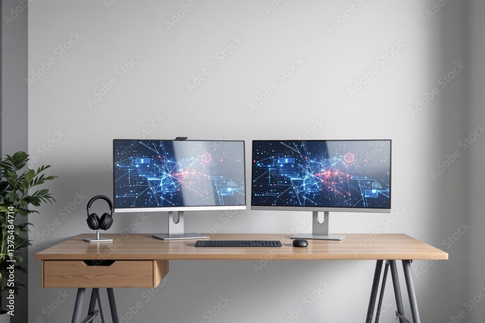 Fototapete modern dual-monitor computer setup on wooden desk in minimalistic workspace.
