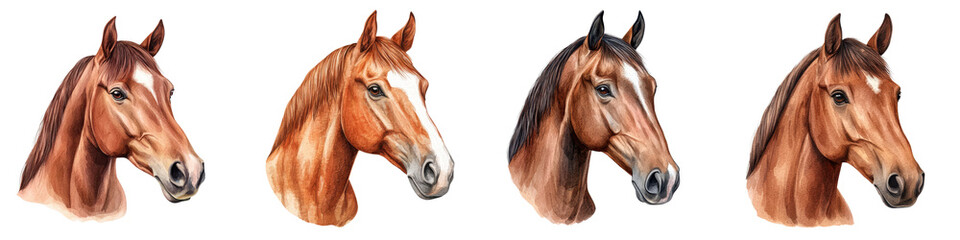 Obraz premium Portraits of four majestic horse heads with varying coat colors and expressions showcasing the beauty and power of these magnificent equine creatures category Animals
