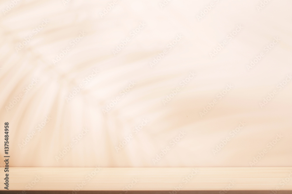 Aufkleber template with empty table and wall with natural plant shadow and sunny glare