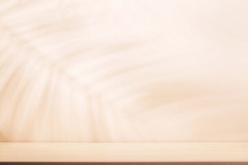 Template with empty table and wall with natural plant shadow and sunny glare