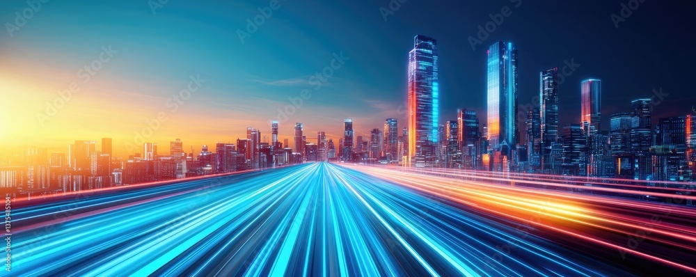 Aufkleber motion blur city with futuristic skyline and digital technology concept. futuristic city skyline wit