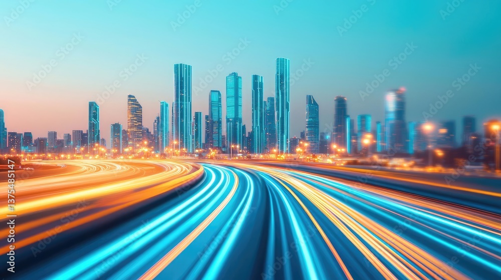 Poster motion blur city in a digital future with technology panorama concept. dynamic cityscape with moving