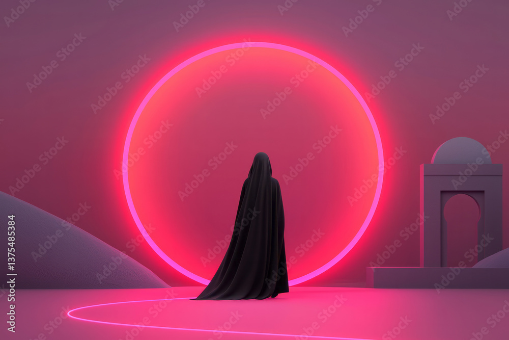 Poster a stylized neon render of an egyptian goddess framed by arcs of light and ancient architectural