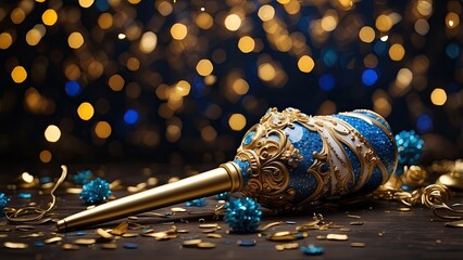 An ornate golden scepter topped with a blue and white striped cone and a small crown,