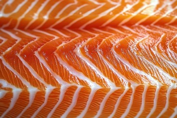 Macro Photograph of Fresh Salmon Fillet Texture Closeup with Vibrant Orange and White Details in Natural Light