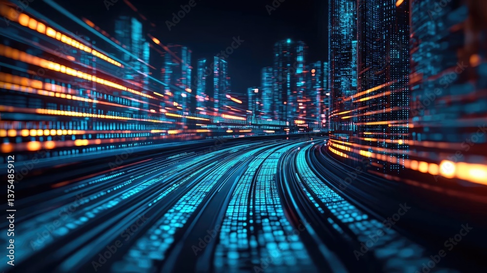 Poster Motion blur city with futuristic skyline and digital technology concept. Futuristic cityscape with dynamic light trails and digital vibes.