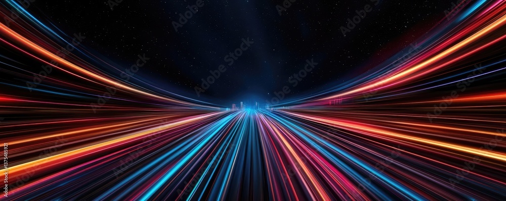 Poster Motion blur city with futuristic skyline and digital technology concept. Dynamic light trails creating a futuristic abstract background.