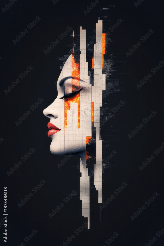 Poster a futuristic egyptian goddess face sculpted in shimmering digital textures, dissolving into glitch