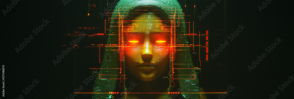 Poster a glowing face of a digital egyptian deity flickering with rgb glitches and circuit-like