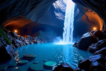 Hidden Underground Cavern with Glowing Lake and Waterfall