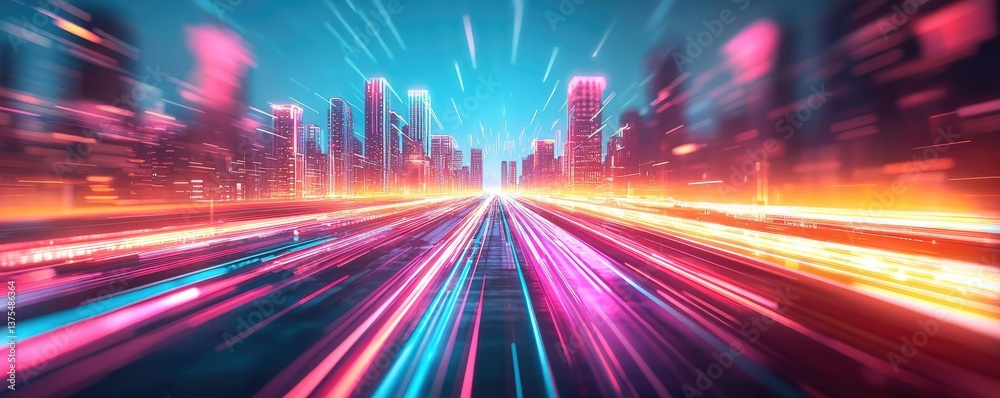Poster motion blur city with futuristic skyline and digital technology concept. vibrant cityscape with dyna