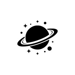 Minimalist Saturn Planet Silhouette with Stars - Black & White Space Graphic