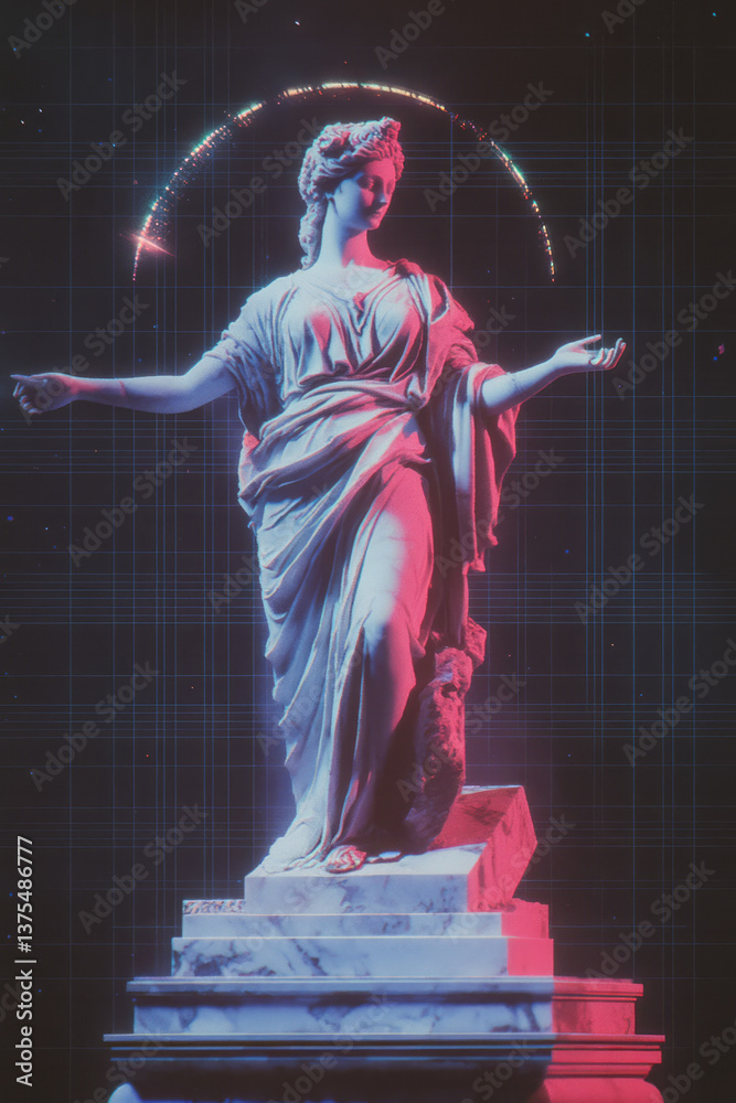 Poster A glowing goddess bust with smooth marble texture and pixelated distortion, rising from a digital