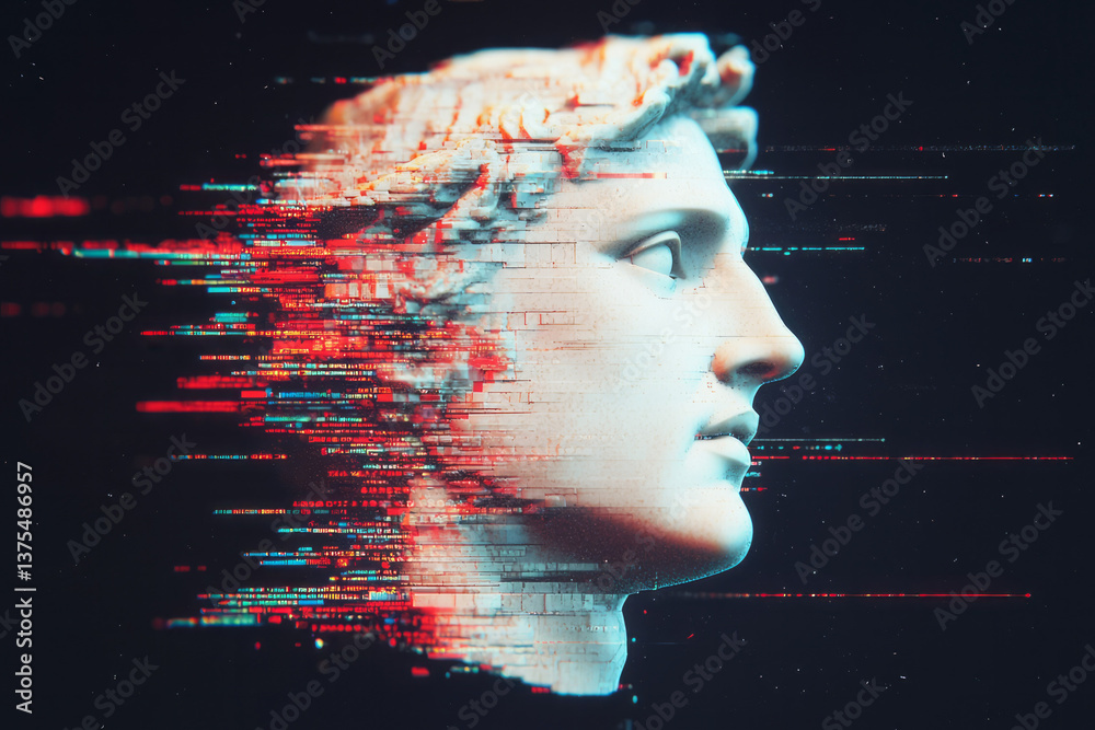 Poster a stylized statue face glowing with holographic light, rising from a black grid space with smooth