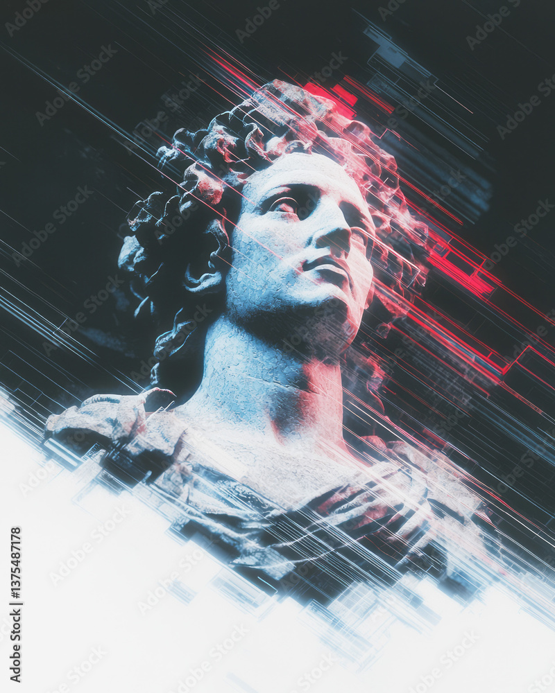 Fototapete a stylized bust of franklin glowing with static interference and colorful glitch noise, floating
