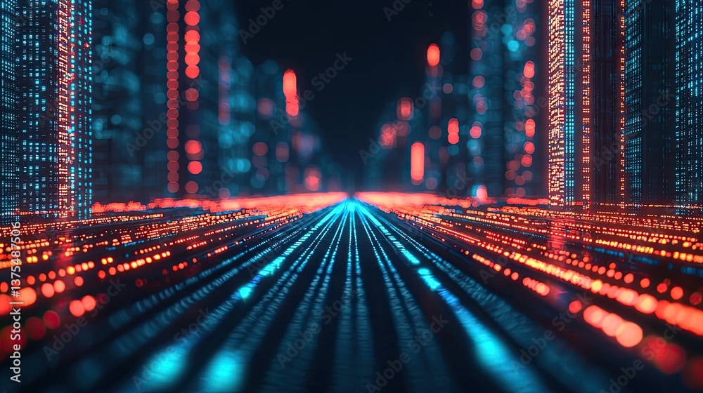 Poster motion blur city with futuristic skyline and digital technology concept. futuristic digital landscap