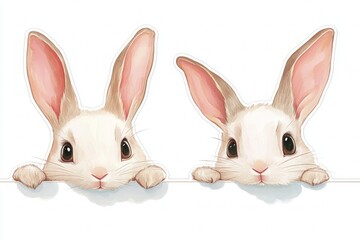 Obraz premium Two light brown baby rabbits with big eyes and pink ears peeking over a ledge in a soft, hand-drawn digital illustration style. 