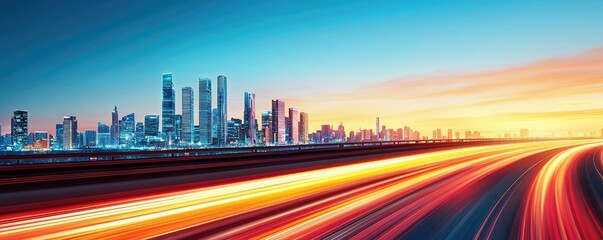 Fototapeta premium Motion blur city with futuristic panorama and cyberspace landscape concept. Stunning city skyline at sunset with vibrant light trails.