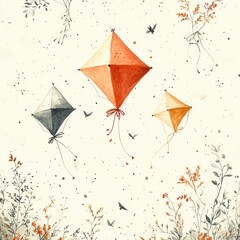Seamless watercolor pattern with kites in soft pastel tones for baby shower and celebration