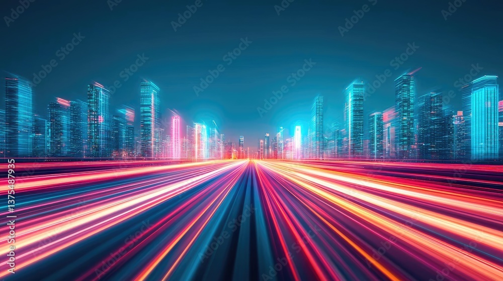 Poster motion blur city with futuristic skyline and digital technology concept. futuristic cityscape with d