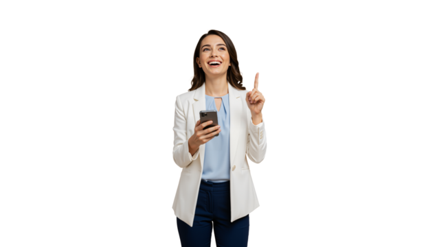Smiling Businesswoman Using Smartphone and Pointing Upwards