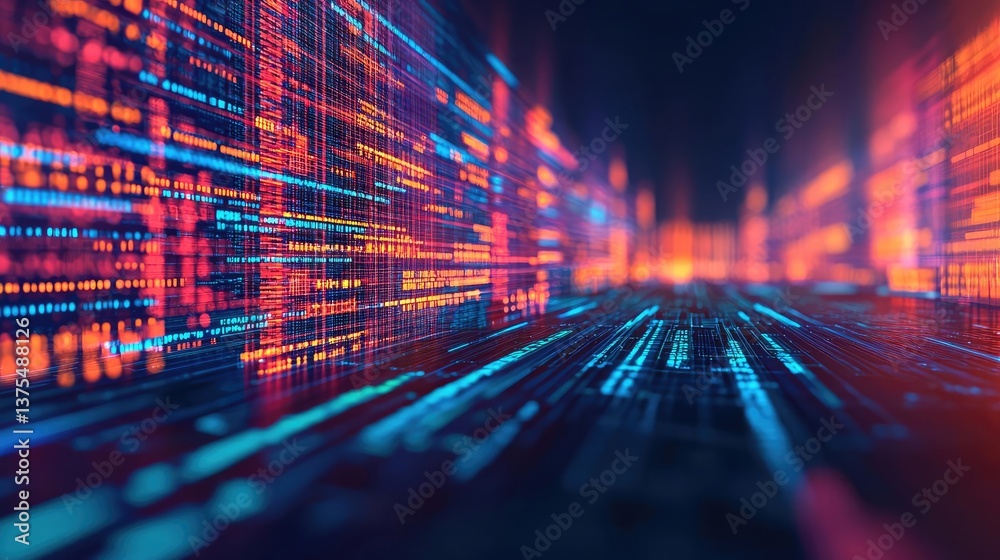 Fototapete motion blur city in a digital future with technology panorama concept. vibrant digital data streams 