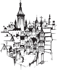 Fototapeta premium City landscape. Different buildings on street, outline cityscape hand sketch, flat houses. Hand drawn vector illustration