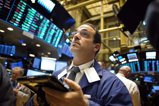Stock market trader analyzing digital screens on trading floor