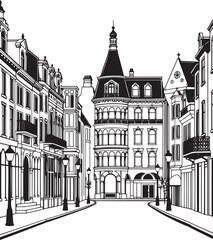 Obraz premium City landscape. Different buildings on street, outline cityscape hand sketch, flat houses. Hand drawn vector illustration