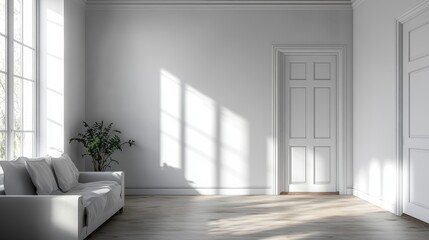 Minimalist living room with white sofa and natural light through large windows