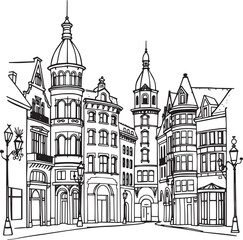 Fototapeta premium City landscape. Different buildings on street, outline cityscape hand sketch, flat houses. Hand drawn vector illustration