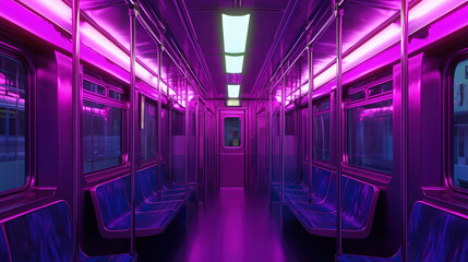 Empty subway train interior illuminated with vibrant neon lights