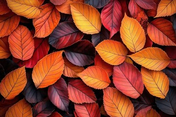Fototapeta premium Vibrant Autumn Leaves Background Colorful Fallen Cherry Sakura Leaves Textured Close-Up Flat Lay Composition