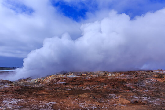Steam rising from Gunnuhver thermal springs, Reykjanes UNESCO Global Geopark, Reykjanes Peninsula, Iceland