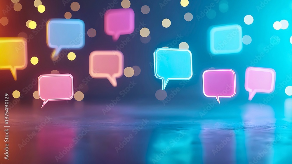 Poster a collection of glowing speech bubbles with bokeh effect background. the speech bubbles are in vario